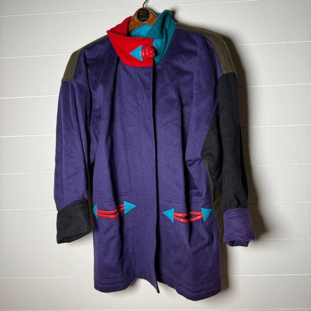 Vintage Toshiki & Maryszka Artisan Colorblock Oversized Wool Coat Leather Trim